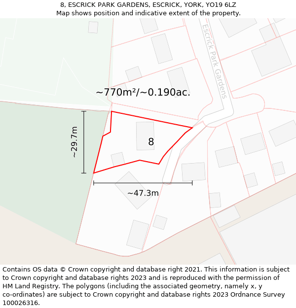 8, ESCRICK PARK GARDENS, ESCRICK, YORK, YO19 6LZ: Plot and title map