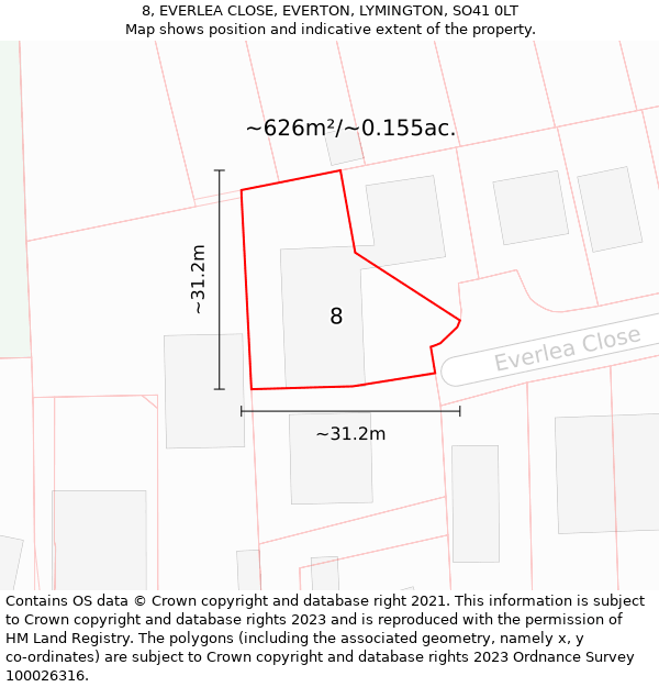 8, EVERLEA CLOSE, EVERTON, LYMINGTON, SO41 0LT: Plot and title map