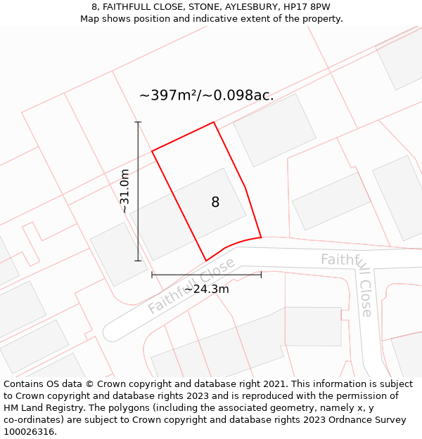 8, FAITHFULL CLOSE, STONE, AYLESBURY, HP17 8PW: Plot and title map