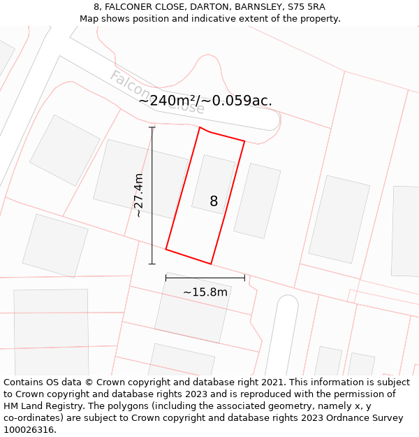 8, FALCONER CLOSE, DARTON, BARNSLEY, S75 5RA: Plot and title map