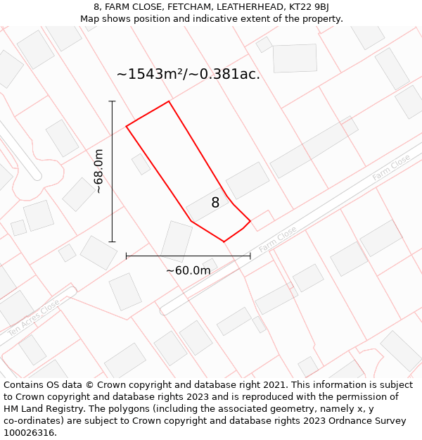 8, FARM CLOSE, FETCHAM, LEATHERHEAD, KT22 9BJ: Plot and title map