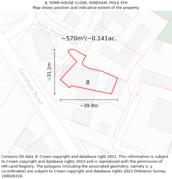 8, FARM HOUSE CLOSE, FAREHAM, PO14 3YH: Plot and title map