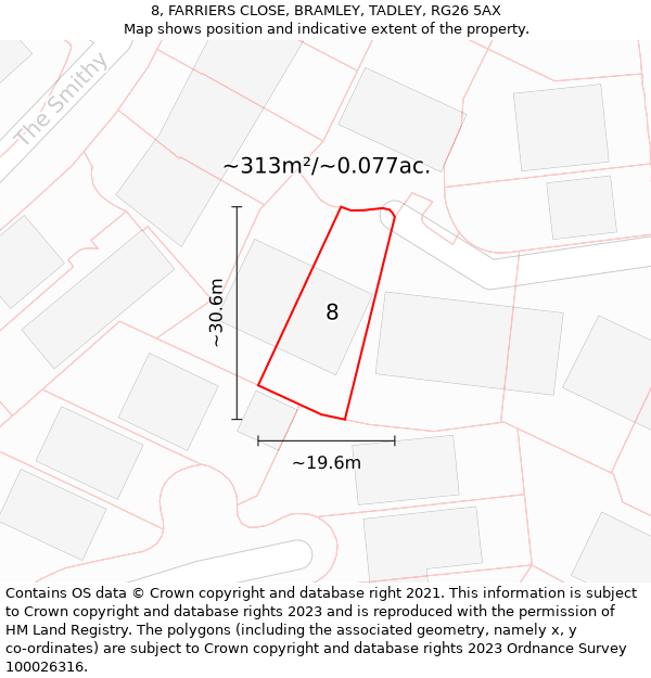 8, FARRIERS CLOSE, BRAMLEY, TADLEY, RG26 5AX: Plot and title map