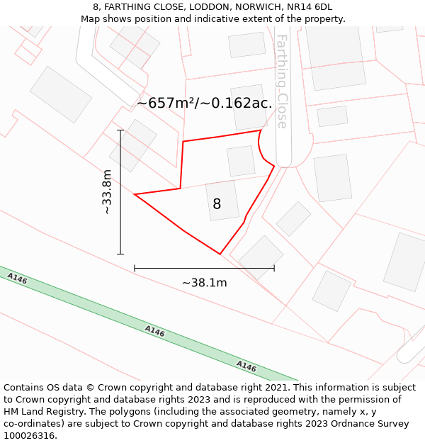 8, FARTHING CLOSE, LODDON, NORWICH, NR14 6DL: Plot and title map