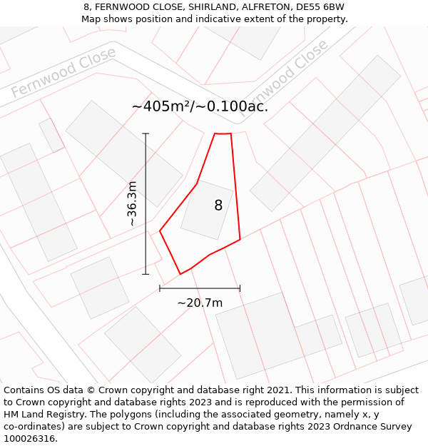 8, FERNWOOD CLOSE, SHIRLAND, ALFRETON, DE55 6BW: Plot and title map