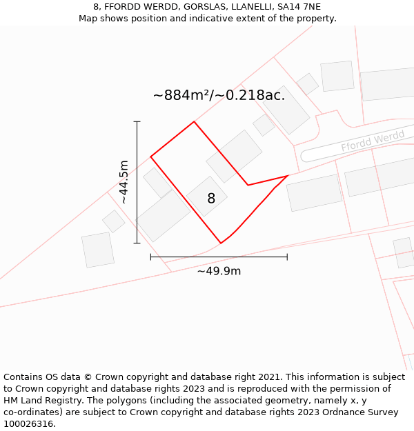 8, FFORDD WERDD, GORSLAS, LLANELLI, SA14 7NE: Plot and title map