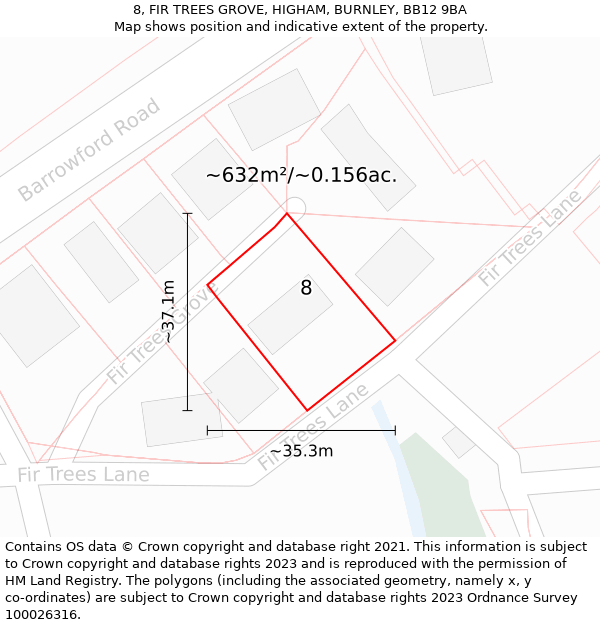 8, FIR TREES GROVE, HIGHAM, BURNLEY, BB12 9BA: Plot and title map