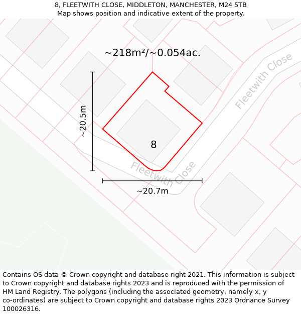 8, FLEETWITH CLOSE, MIDDLETON, MANCHESTER, M24 5TB: Plot and title map