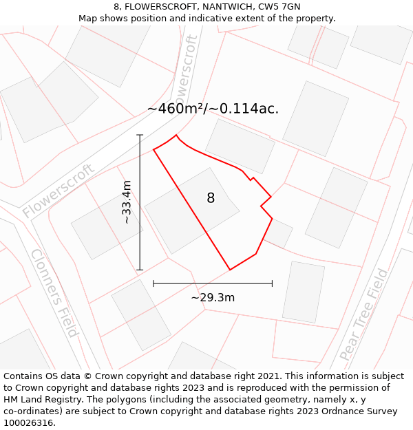 8, FLOWERSCROFT, NANTWICH, CW5 7GN: Plot and title map