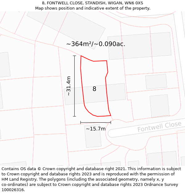 8, FONTWELL CLOSE, STANDISH, WIGAN, WN6 0XS: Plot and title map