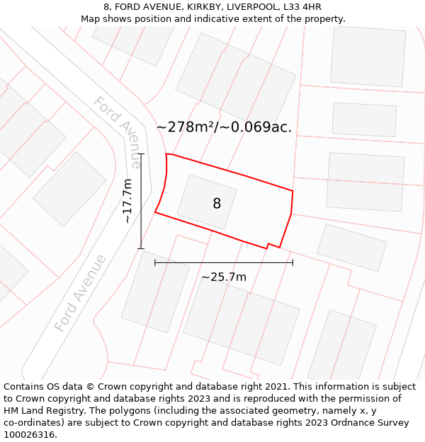 8, FORD AVENUE, KIRKBY, LIVERPOOL, L33 4HR: Plot and title map