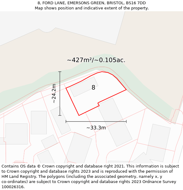 8, FORD LANE, EMERSONS GREEN, BRISTOL, BS16 7DD: Plot and title map