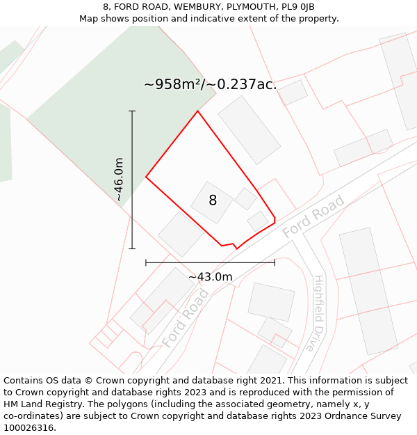 8, FORD ROAD, WEMBURY, PLYMOUTH, PL9 0JB: Plot and title map