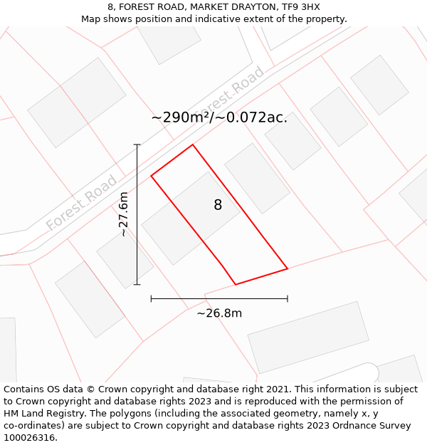 8, FOREST ROAD, MARKET DRAYTON, TF9 3HX: Plot and title map