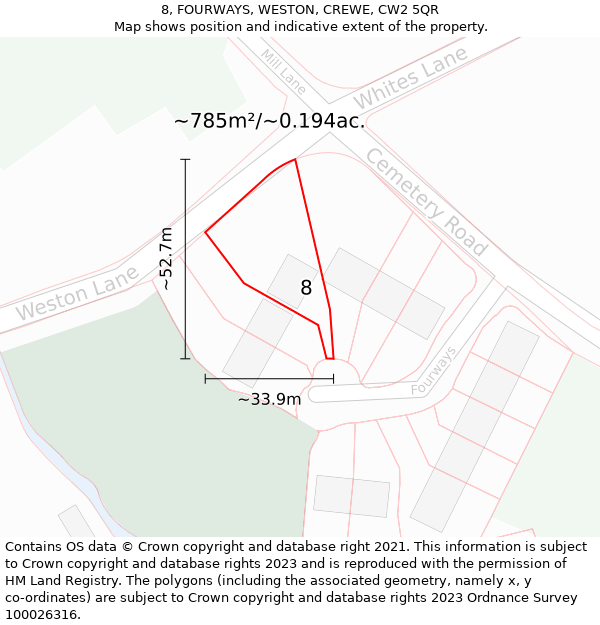 8, FOURWAYS, WESTON, CREWE, CW2 5QR: Plot and title map