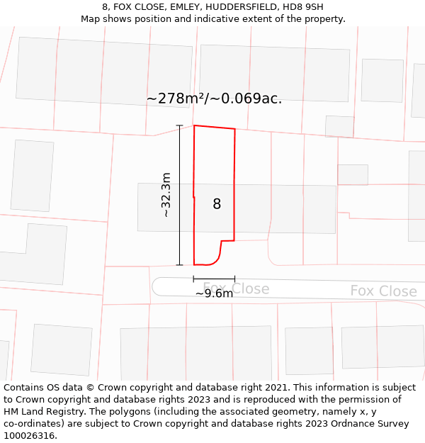 8, FOX CLOSE, EMLEY, HUDDERSFIELD, HD8 9SH: Plot and title map