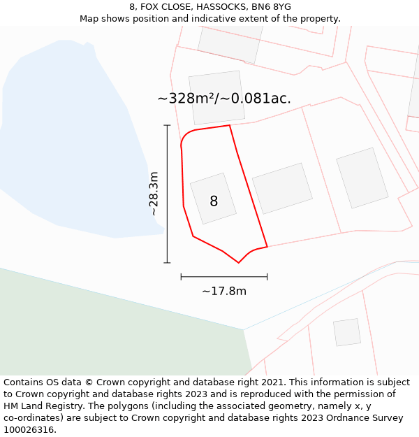 8, FOX CLOSE, HASSOCKS, BN6 8YG: Plot and title map