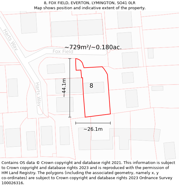 8, FOX FIELD, EVERTON, LYMINGTON, SO41 0LR: Plot and title map