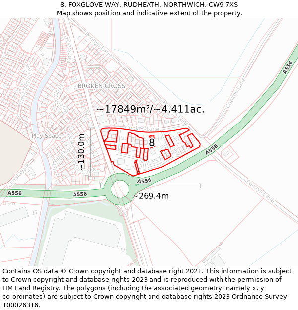 8, FOXGLOVE WAY, RUDHEATH, NORTHWICH, CW9 7XS: Plot and title map