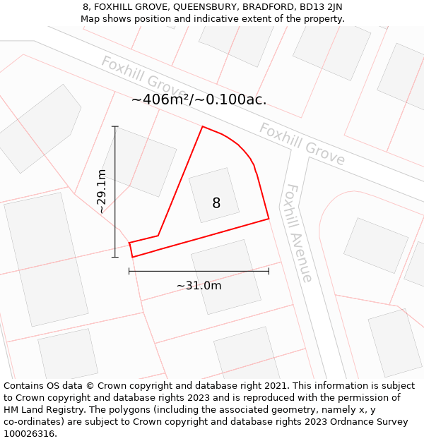 8, FOXHILL GROVE, QUEENSBURY, BRADFORD, BD13 2JN: Plot and title map