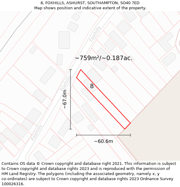 8, FOXHILLS, ASHURST, SOUTHAMPTON, SO40 7ED: Plot and title map