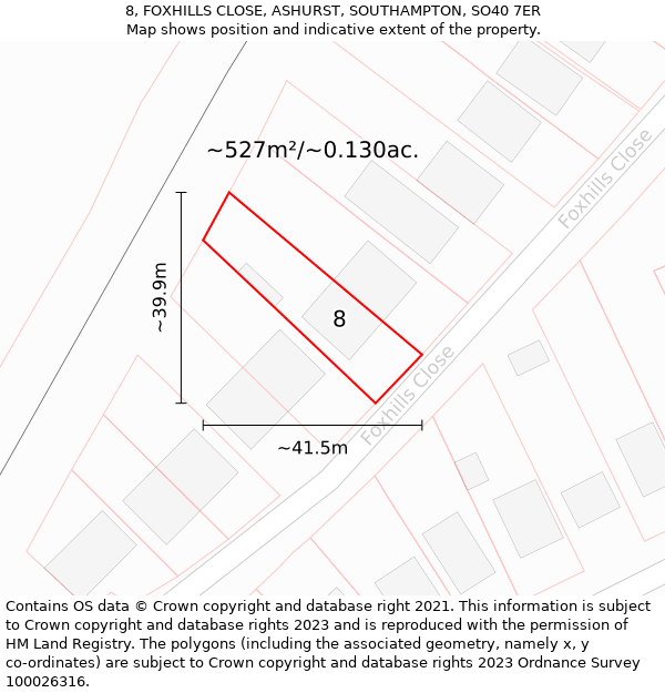 8, FOXHILLS CLOSE, ASHURST, SOUTHAMPTON, SO40 7ER: Plot and title map