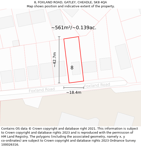 8, FOXLAND ROAD, GATLEY, CHEADLE, SK8 4QA: Plot and title map