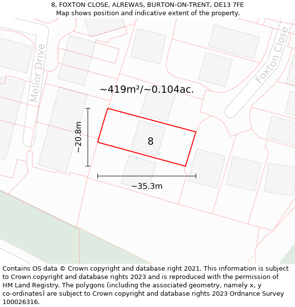 8, FOXTON CLOSE, ALREWAS, BURTON-ON-TRENT, DE13 7FE: Plot and title map