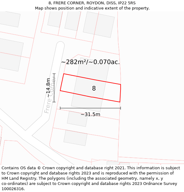 8, FRERE CORNER, ROYDON, DISS, IP22 5RS: Plot and title map