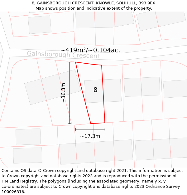 8, GAINSBOROUGH CRESCENT, KNOWLE, SOLIHULL, B93 9EX: Plot and title map