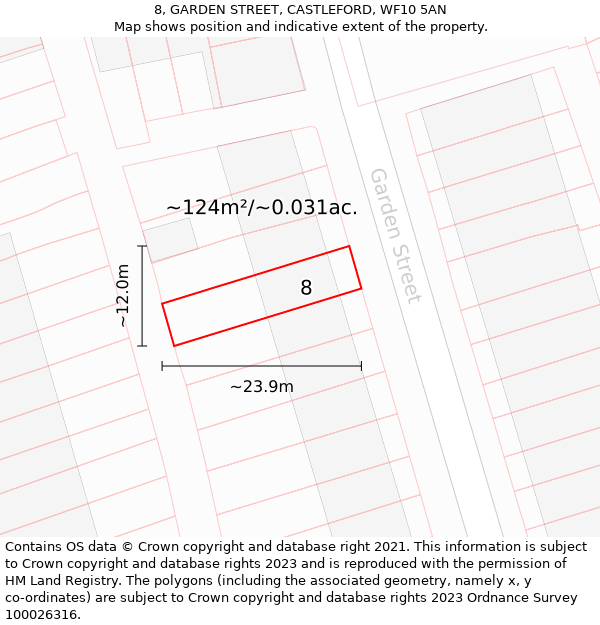 8, GARDEN STREET, CASTLEFORD, WF10 5AN: Plot and title map