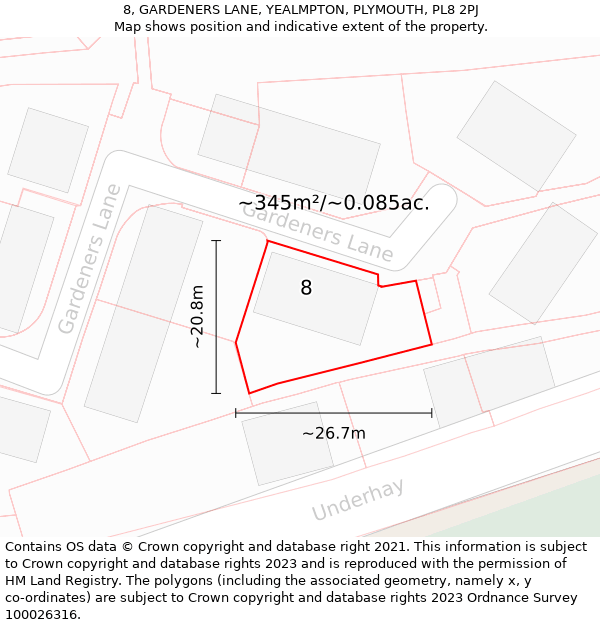 8, GARDENERS LANE, YEALMPTON, PLYMOUTH, PL8 2PJ: Plot and title map