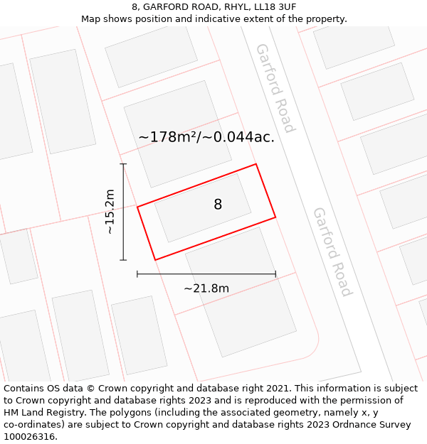 8, GARFORD ROAD, RHYL, LL18 3UF: Plot and title map