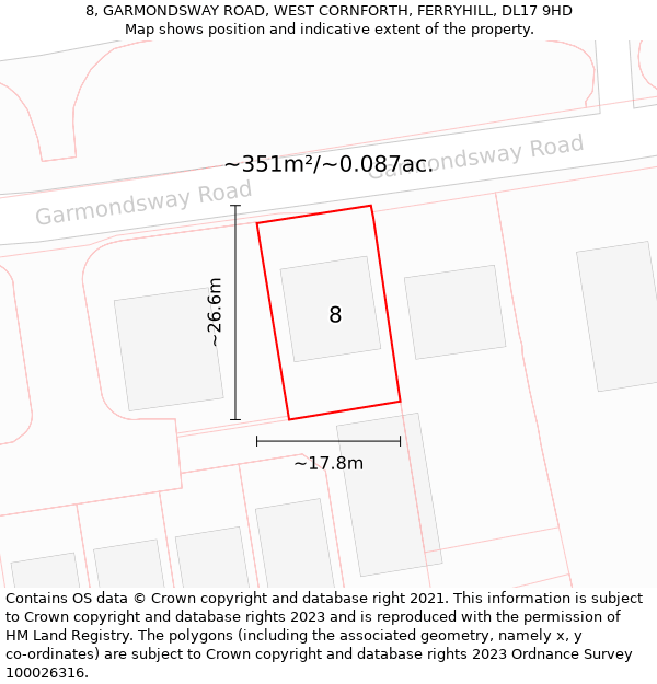 8, GARMONDSWAY ROAD, WEST CORNFORTH, FERRYHILL, DL17 9HD: Plot and title map