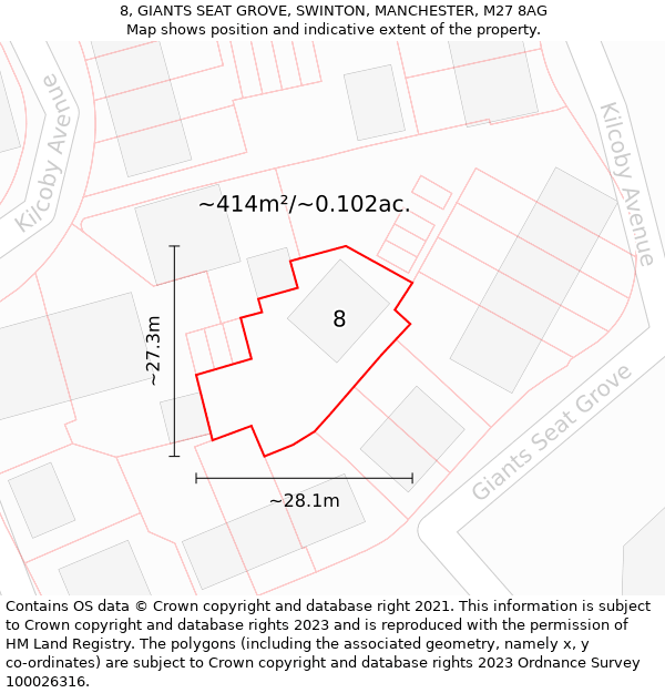 8, GIANTS SEAT GROVE, SWINTON, MANCHESTER, M27 8AG: Plot and title map