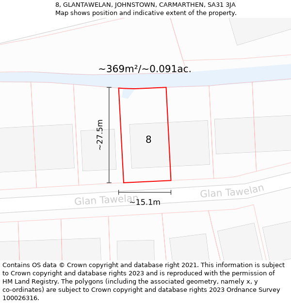 8, GLANTAWELAN, JOHNSTOWN, CARMARTHEN, SA31 3JA: Plot and title map