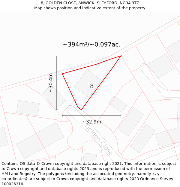 8, GOLDEN CLOSE, ANWICK, SLEAFORD, NG34 9TZ: Plot and title map