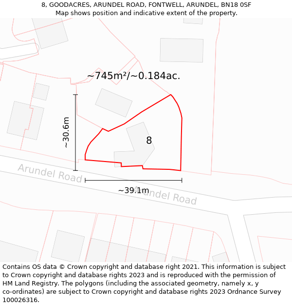 8, GOODACRES, ARUNDEL ROAD, FONTWELL, ARUNDEL, BN18 0SF: Plot and title map