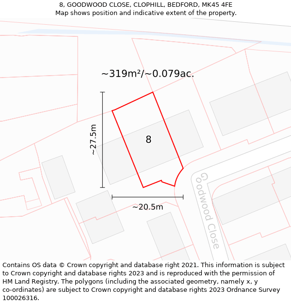 8, GOODWOOD CLOSE, CLOPHILL, BEDFORD, MK45 4FE: Plot and title map