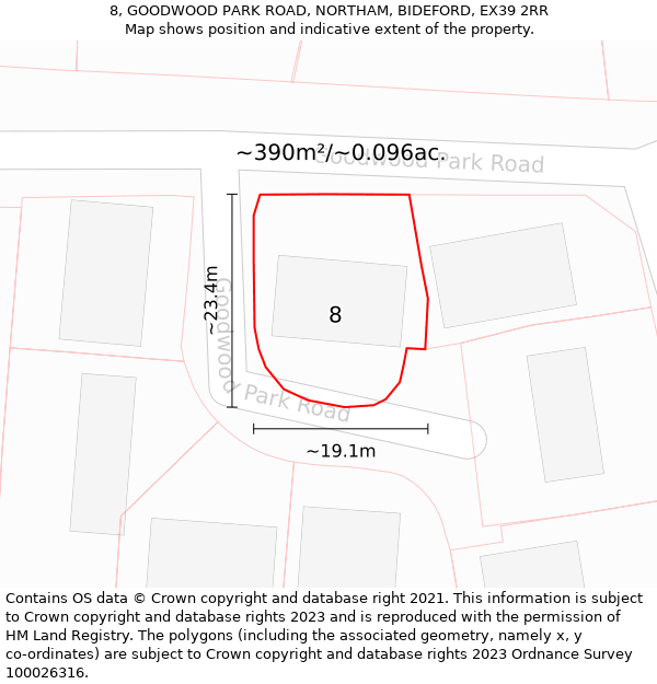 8, GOODWOOD PARK ROAD, NORTHAM, BIDEFORD, EX39 2RR: Plot and title map
