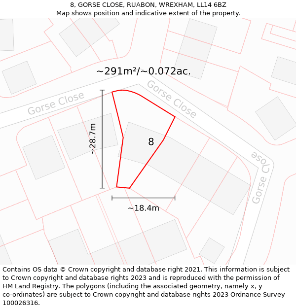 8, GORSE CLOSE, RUABON, WREXHAM, LL14 6BZ: Plot and title map