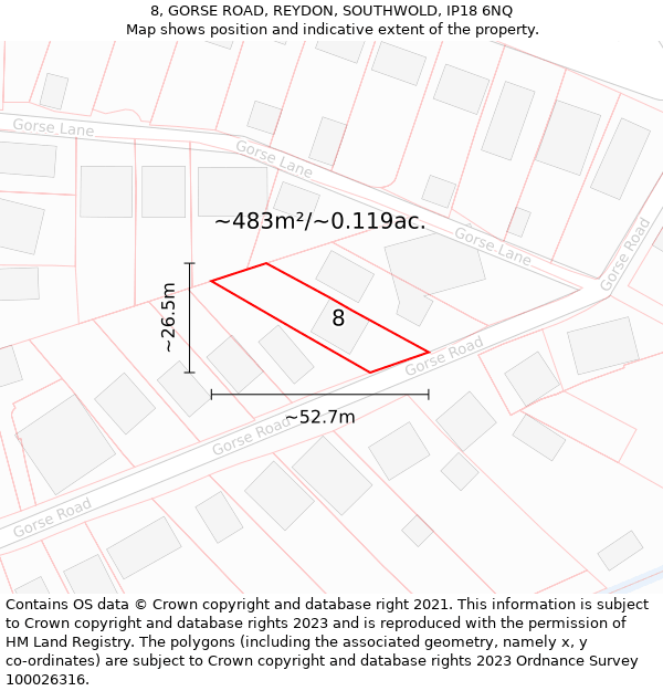 8, GORSE ROAD, REYDON, SOUTHWOLD, IP18 6NQ: Plot and title map