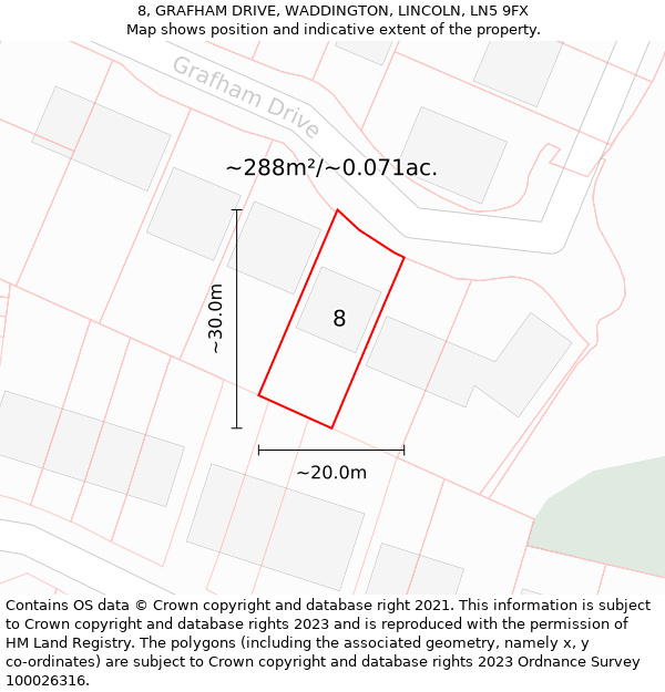 8, GRAFHAM DRIVE, WADDINGTON, LINCOLN, LN5 9FX: Plot and title map