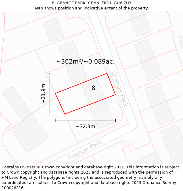 8, GRANGE PARK, CRANLEIGH, GU6 7HY: Plot and title map