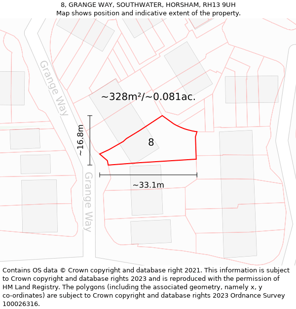 8, GRANGE WAY, SOUTHWATER, HORSHAM, RH13 9UH: Plot and title map