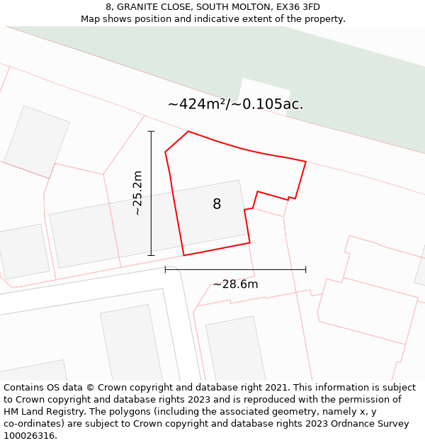 8, GRANITE CLOSE, SOUTH MOLTON, EX36 3FD: Plot and title map