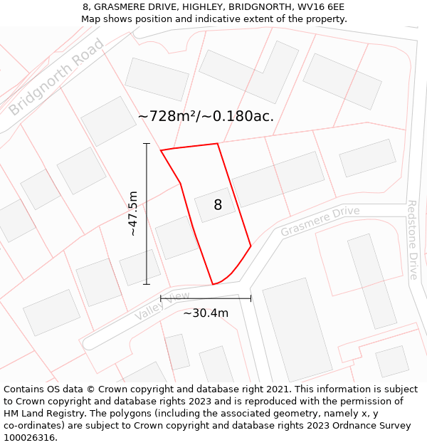 8, GRASMERE DRIVE, HIGHLEY, BRIDGNORTH, WV16 6EE: Plot and title map