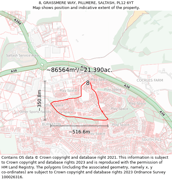 8, GRASSMERE WAY, PILLMERE, SALTASH, PL12 6YT: Plot and title map