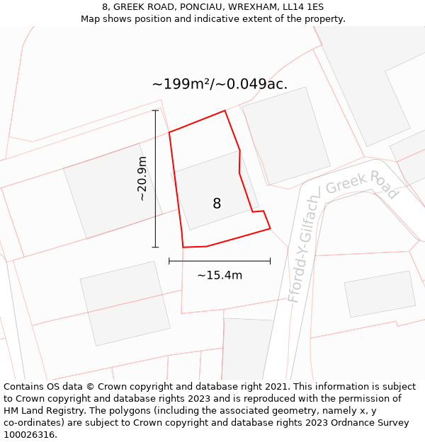 8, GREEK ROAD, PONCIAU, WREXHAM, LL14 1ES: Plot and title map