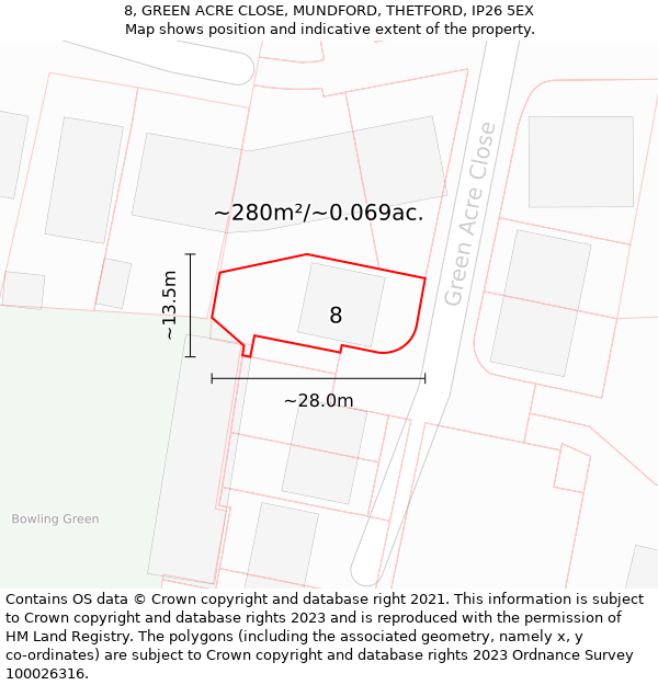 8, GREEN ACRE CLOSE, MUNDFORD, THETFORD, IP26 5EX: Plot and title map